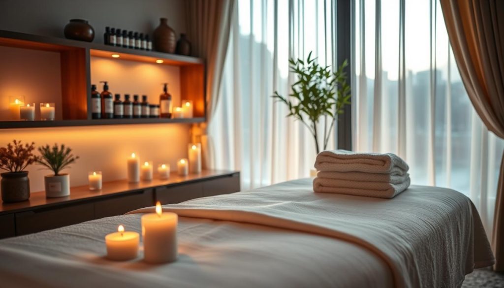 A serene and inviting massage therapy room in Istanbul, showcasing a beautifully arranged massage table with soft linens and plush towels. The foreground features aromatic candles softly glowing next to a small potted plant, creating a relaxing ambiance. In the middle ground, elegant wooden shelves display curated wellness products such as essential oils and herbal balms. The background shows large windows draped with sheer curtains, allowing gentle, natural light to filter in, illuminating the space with a warm, tranquil glow. The overall mood is peaceful and rejuvenating, evoking a sense of retreat and self-care, perfect for highlighting curated massage services tailored to individual needs. A serene and inviting massage therapy room in Istanbul, showcasing a beautifully arranged massage table with soft linens and plush towels. The foreground features aromatic candles softly glowing next to a small potted plant, creating a relaxing ambiance. In the middle ground, elegant wooden shelves display curated wellness products such as essential oils and herbal balms. The background shows large windows draped with sheer curtains, allowing gentle, natural light to filter in, illuminating the space with a warm, tranquil glow. The overall mood is peaceful and rejuvenating, evoking a sense of retreat and self-care, perfect for highlighting curated massage services tailored to individual needs.