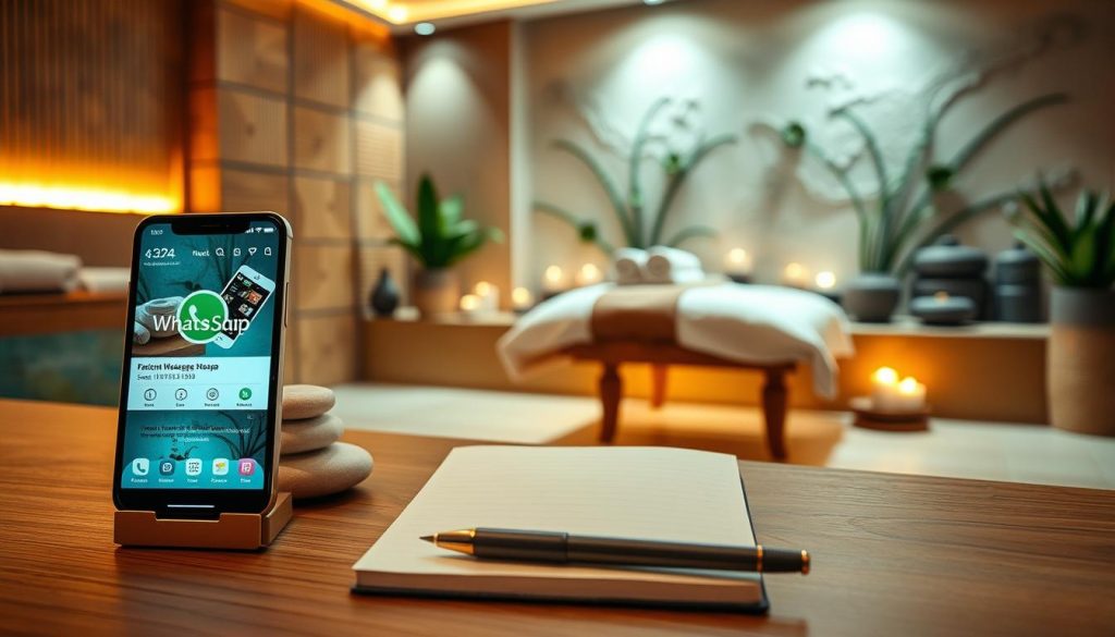 A serene and inviting spa interior in Istanbul, featuring natural wood accents, soft lighting, and calming earth tones. In the foreground, a sleek smartphone displaying the WhatsApp interface with a spa's contact information, nearby a notebook and pen for jotting down notes. In the middle, an elegantly arranged massage area with smooth stones, candles flickering softly, and a plush massage table draped in pristine linens. The background showcases an artistic wall with plants and tranquil water features, enhancing a peaceful atmosphere. The lighting is warm and soothing, creating a relaxing mood that emphasizes the importance of using technology to connect with local spas seamlessly. The scene conveys a sense of ease and professionalism, perfect for those seeking the best massage therapy.