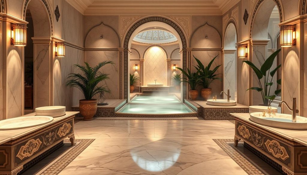 A serene and inviting spa layout, highlighting a luxurious hammam area. In the foreground, ornate marble benches and basins create a calming atmosphere, adorned with decorative tiles reflecting traditional Istanbul patterns. The middle section features a softly lit steam room, with gentle mist swirling around, showcasing intricate archways that lead to relaxation spaces. In the background, lush potted plants and soothing water features enhance the tranquility of the scene. Soft, ambient lighting sets a warm tone, casting gentle shadows that evoke a sense of peace. The overall mood is one of relaxation and rejuvenation, emphasizing the luxurious experience one can expect at a top massage spa in Istanbul. The composition is captured from a low angle to enhance the grandeur of the architectural details, focusing solely on the serene environment without any human presence.