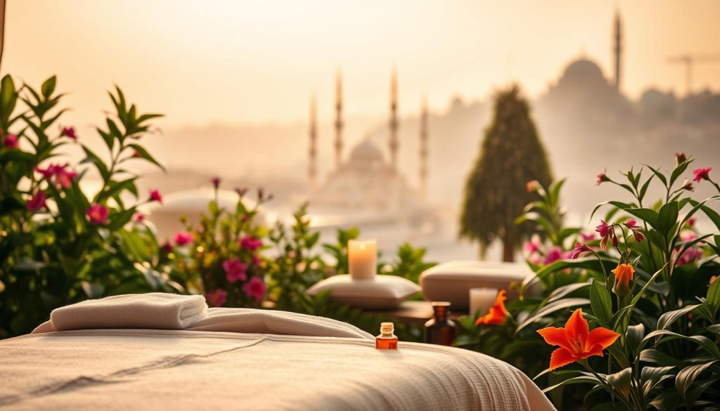 A serene and tranquil scene depicting the concept of "Massage and Meditation Together in Istanbul." In the foreground, an elegant massage table adorned with fresh linens and calming aromatherapy oils rests beside a small meditation setup featuring a soft cushion and flickering candles. In the middle ground, lush green plants and vibrant flowers enhance the ambiance, creating a harmonious blend of nature. The background reveals subtle silhouettes of iconic Istanbul architecture, a gentle breeze carrying hints of exotic scents. Soft, golden light filters through, creating an inviting and peaceful atmosphere. The image captures the essence of serenity, relaxation, and the soothing power of both practices intertwined in a picturesque setting. Ideal for illustrating a notion of inner peace and holistic wellness.