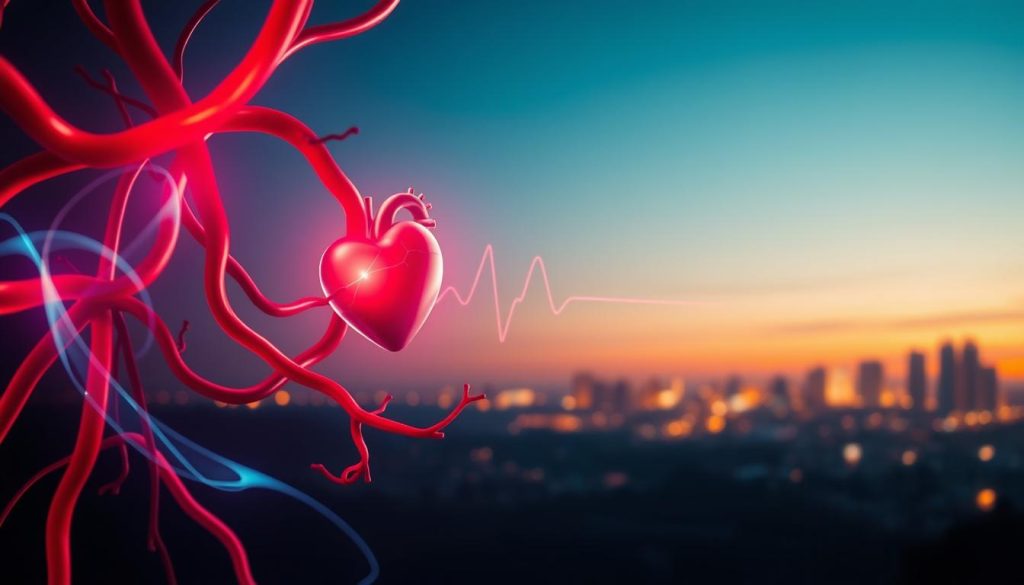 A serene and visually striking representation of "circulation," showcasing the flow of blood and energy in a healthy body. In the foreground, vibrant red and blue abstract shapes swirl and intertwine, symbolizing arteries and veins, with soft light reflecting off their surfaces. The middle ground features a stylized heart, pulsating gently, surrounded by ethereal waves of energy to emphasize heart-supportive benefits. In the background, a tranquil cityscape at dusk glows softly, suggesting a peaceful escape from the urban environment. The lighting is warm and inviting, creating a harmonious atmosphere that conveys balance and wellness. Overall, the image should evoke a sense of tranquility and vitality, reflecting the essence of circulation without any human presence or text elements.