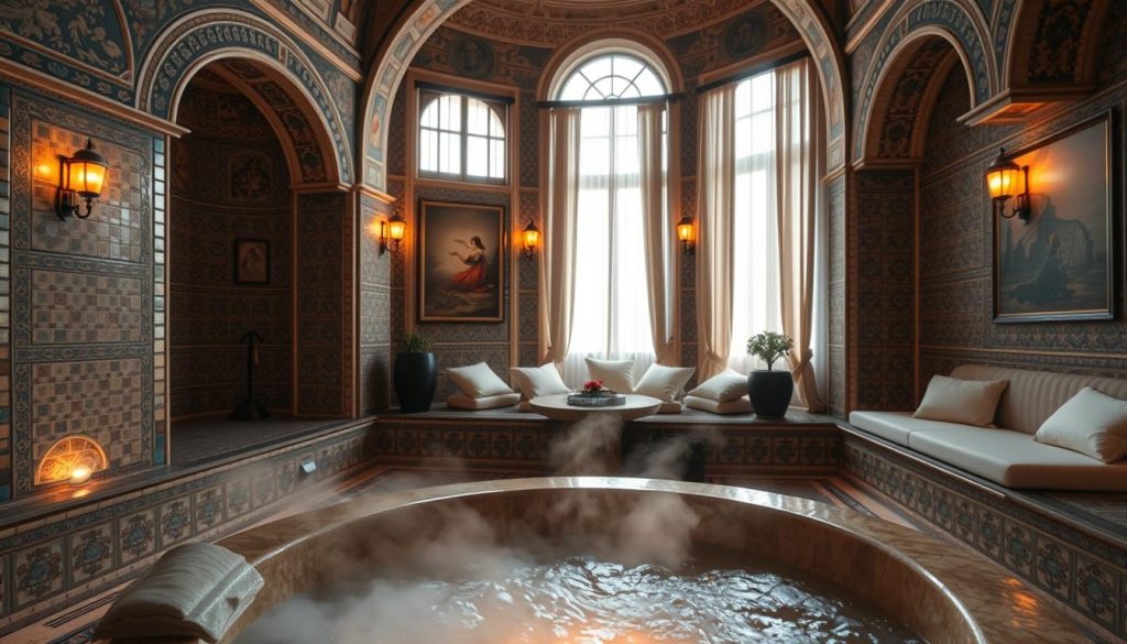 A serene hamam spa interior, showcasing intricate tile work and arches inspired by traditional Ottoman architecture. In the foreground, a lavish stone basin emanates gentle steam, hinting at warmth and relaxation. The middle layer features plush seating areas adorned with soft linens, subtly lit by warm, ambient lighting that creates a tranquil atmosphere. In the background, tall windows framed with sheer curtains allow soft natural light to filter in, illuminating the elegant mosaics and artwork on the walls. The overall mood is one of peaceful luxury, evoking the essence of Istanbul's rich heritage melded with modern comforts, inviting a sense of calm and rejuvenation. The lens captures the scene in a wide angle to emphasize spaciousness and serenity.