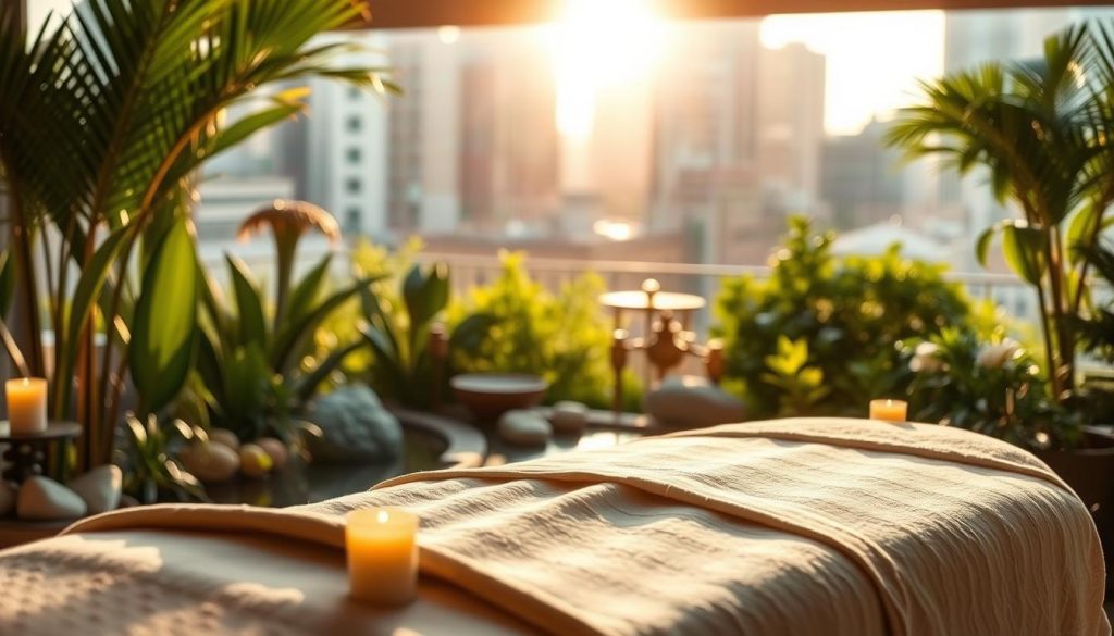 A serene massage scene set in a tranquil urban oasis. In the foreground, a beautifully arranged massage table adorned with soft, natural fabrics, surrounded by soothing essential oils and candles emitting a gentle glow. In the middle ground, lush greenery and ornamental plants create a calming ambiance, with hints of natural stone elements like a small water feature reflecting sunlight. The background features blurred cityscape elements, softly lit by golden hour sunlight, emphasizing the contrast between nature and urban life. The overall mood is peaceful and rejuvenating, evoking a sense of balance and escape, as the scene encourages viewers to imagine the soothing benefits of massage amidst the bustling city. The lighting is warm and inviting, capturing the essence of relaxation.