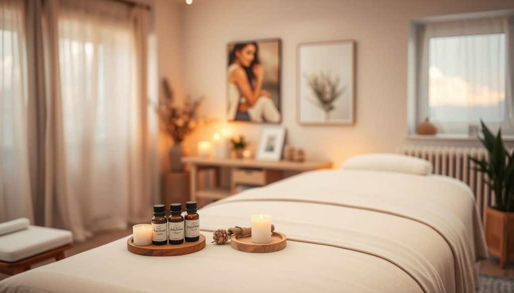 A serene massage therapy room set in Istanbul, featuring a comfortable massage table draped with soft, neutral-toned linens. In the foreground, a set of aromatic essential oils and soothing candles are artfully arranged on a small wooden side table. The middle ground includes calming decorations, such as a potted plant and a wall adorned with soothing artwork that evokes tranquility. In the background, large windows filter warm sunlight, creating a soft, inviting glow throughout the space. The overall atmosphere is calm and relaxing, emphasizing a sanctuary for stress relief. The lighting is soft and diffused, enhancing the serene vibe of the massage therapy environment, with an inviting composition designed to draw viewers into the space.