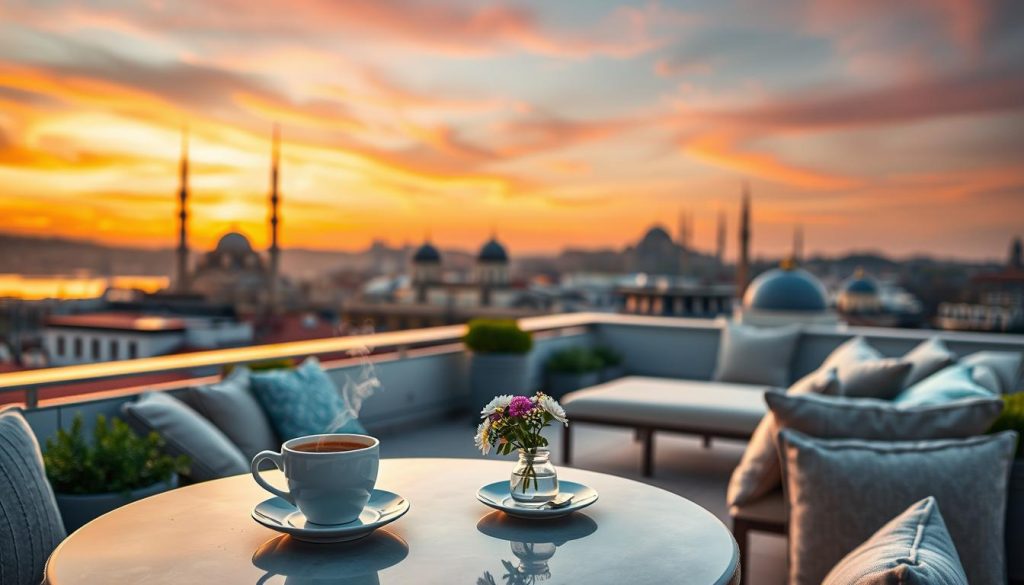 A serene rooftop view overlooking the enchanting skyline of Istanbul at sunset. In the foreground, a cozy, elegantly set table with a steaming cup of coffee and a small vase of fresh flowers, embodying tranquility and leisure. The middle ground features a beautifully designed terrace adorned with plush cushions and greenery, inviting relaxation. In the background, iconic minarets and domes of the city's historic architecture are bathed in soft, golden light, reflecting the calming atmosphere. The sky transitions from vibrant oranges and pinks to deep indigos, creating a peaceful mood. The scene captures the essence of a slow-paced moment, inviting viewers to imagine themselves savoring the view and the stillness of the city below. Soft focus, warm lighting, and a slightly elevated angle enhance the intimate ambiance. A serene rooftop view overlooking the enchanting skyline of Istanbul at sunset. In the foreground, a cozy, elegantly set table with a steaming cup of coffee and a small vase of fresh flowers, embodying tranquility and leisure. The middle ground features a beautifully designed terrace adorned with plush cushions and greenery, inviting relaxation. In the background, iconic minarets and domes of the city's historic architecture are bathed in soft, golden light, reflecting the calming atmosphere. The sky transitions from vibrant oranges and pinks to deep indigos, creating a peaceful mood. The scene captures the essence of a slow-paced moment, inviting viewers to imagine themselves savoring the view and the stillness of the city below. Soft focus, warm lighting, and a slightly elevated angle enhance the intimate ambiance.