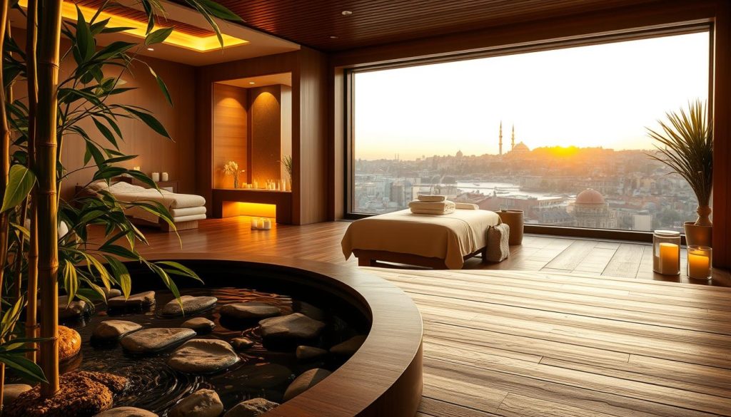 A serene spa environment showcasing luxurious amenities that promote relaxation and wellness. In the foreground, a tranquil bamboo water feature gently flows, surrounded by smooth stones and lush greenery. In the middle, elegant treatment rooms with soft lighting and plush massage tables, adorned with aromatic candles and essential oil diffusers, create an inviting atmosphere. In the background, a beautifully framed window reveals a picturesque view of Istanbul's skyline, bathed in the warm glow of sunset. Soft, diffused lighting enhances the calming vibe, while subtle shadows play across the refined wooden surfaces. This peaceful and rejuvenating setting embodies wellness beyond massage, inviting viewers to explore the holistic experience of a spa. A serene spa environment showcasing luxurious amenities that promote relaxation and wellness. In the foreground, a tranquil bamboo water feature gently flows, surrounded by smooth stones and lush greenery. In the middle, elegant treatment rooms with soft lighting and plush massage tables, adorned with aromatic candles and essential oil diffusers, create an inviting atmosphere. In the background, a beautifully framed window reveals a picturesque view of Istanbul's skyline, bathed in the warm glow of sunset. Soft, diffused lighting enhances the calming vibe, while subtle shadows play across the refined wooden surfaces. This peaceful and rejuvenating setting embodies wellness beyond massage, inviting viewers to explore the holistic experience of a spa.