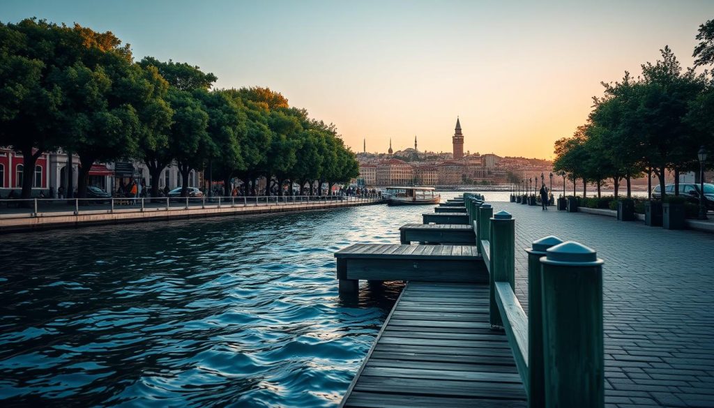 A serene view of the Golden Horn waterfront, capturing the tranquil beauty of Istanbul at sunset. In the foreground, gentle waves ripple against the wooden docks, reflecting hues of orange and pink from the sky. The middle ground features lush green trees lining the promenade, with a cobblestone path inviting leisurely strolls. The background showcases the iconic silhouette of Galata Tower and historic waterfront buildings bathed in warm golden light, surrounded by the fading daylight. Soft breezes rustle the leaves, enhancing the calm atmosphere. Use a wide-angle lens perspective to capture the expansive scene, with soft focus on the horizon to evoke feelings of peace and quietude. Aim for a warm, inviting mood that encourages relaxation and reflection. The image should be free from any text or humans, maintaining a purely scenic composition. A serene view of the Golden Horn waterfront, capturing the tranquil beauty of Istanbul at sunset. In the foreground, gentle waves ripple against the wooden docks, reflecting hues of orange and pink from the sky. The middle ground features lush green trees lining the promenade, with a cobblestone path inviting leisurely strolls. The background showcases the iconic silhouette of Galata Tower and historic waterfront buildings bathed in warm golden light, surrounded by the fading daylight. Soft breezes rustle the leaves, enhancing the calm atmosphere. Use a wide-angle lens perspective to capture the expansive scene, with soft focus on the horizon to evoke feelings of peace and quietude. Aim for a warm, inviting mood that encourages relaxation and reflection. The image should be free from any text or humans, maintaining a purely scenic composition.