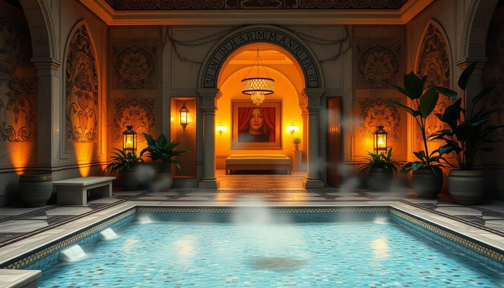 A tranquil and serene privacy hammam setting, featuring intricately designed marble walls with traditional Ottoman patterns, glowing softly in warm golden lighting. In the foreground, a gentle mist of steam rises from a beautifully tiled mosaic hot bath, surrounded by elegant stone benches. The middle ground showcases decorative lanterns casting delicate shadows, and lush green potted plants adding a touch of nature. In the background, ornate arches frame the scene, leading to a softly lit, inviting room. The mood is calming and relaxing, embodying a luxurious oasis for rejuvenation. The composition is shot from a slightly elevated angle to capture the full ambiance while emphasizing the soothing environment. A tranquil and serene privacy hammam setting, featuring intricately designed marble walls with traditional Ottoman patterns, glowing softly in warm golden lighting. In the foreground, a gentle mist of steam rises from a beautifully tiled mosaic hot bath, surrounded by elegant stone benches. The middle ground showcases decorative lanterns casting delicate shadows, and lush green potted plants adding a touch of nature. In the background, ornate arches frame the scene, leading to a softly lit, inviting room. The mood is calming and relaxing, embodying a luxurious oasis for rejuvenation. The composition is shot from a slightly elevated angle to capture the full ambiance while emphasizing the soothing environment.