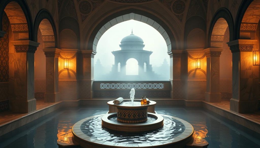 A tranquil hammam scene, featuring intricate marble arches and soft, warm lighting creating a serene atmosphere. In the foreground, a softly lit steam-filled area with colorful decorative tiles reflecting traditional Ottoman designs. The middle showcases a beautifully arranged mosaic fountain, with water cascading gently into a shallow basin, surrounded by luxurious towels and fragrant herbal oils. In the background, faint silhouettes of traditional hammam architecture can be seen, inviting and atmospheric. The lighting is soft and diffused, enhancing the mysterious and relaxing mood. The overall color palette consists of earthy tones with hints of gold, evoking a sense of luxury and comfort, perfect for illustrating the calming experience of a hammam. A tranquil hammam scene, featuring intricate marble arches and soft, warm lighting creating a serene atmosphere. In the foreground, a softly lit steam-filled area with colorful decorative tiles reflecting traditional Ottoman designs. The middle showcases a beautifully arranged mosaic fountain, with water cascading gently into a shallow basin, surrounded by luxurious towels and fragrant herbal oils. In the background, faint silhouettes of traditional hammam architecture can be seen, inviting and atmospheric. The lighting is soft and diffused, enhancing the mysterious and relaxing mood. The overall color palette consists of earthy tones with hints of gold, evoking a sense of luxury and comfort, perfect for illustrating the calming experience of a hammam.