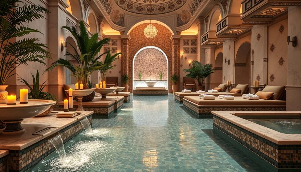 A tranquil scene of a luxurious Turkish bath and spa in Şişli, Istanbul. The foreground features elegant marble fountains with gentle water flow, surrounded by lush greenery and aromatic candles. In the middle ground, ornate mosaic tiles glisten under soft, warm lighting, highlighting plush seating areas with fine textiles and plush towels neatly arranged. The background showcases intricate architectural details of traditional Turkish design, complete with domed ceilings and ambient lighting. The atmosphere is serene and inviting, evoking a sense of relaxation and escape. The image captures a harmonious blend of opulence and tranquility, perfect for a peaceful retreat. The composition is well-lit with soft, diffused light to enhance the relaxation mood. No human figures are present. A tranquil scene of a luxurious Turkish bath and spa in Şişli, Istanbul. The foreground features elegant marble fountains with gentle water flow, surrounded by lush greenery and aromatic candles. In the middle ground, ornate mosaic tiles glisten under soft, warm lighting, highlighting plush seating areas with fine textiles and plush towels neatly arranged. The background showcases intricate architectural details of traditional Turkish design, complete with domed ceilings and ambient lighting. The atmosphere is serene and inviting, evoking a sense of relaxation and escape. The image captures a harmonious blend of opulence and tranquility, perfect for a peaceful retreat. The composition is well-lit with soft, diffused light to enhance the relaxation mood. No human figures are present.