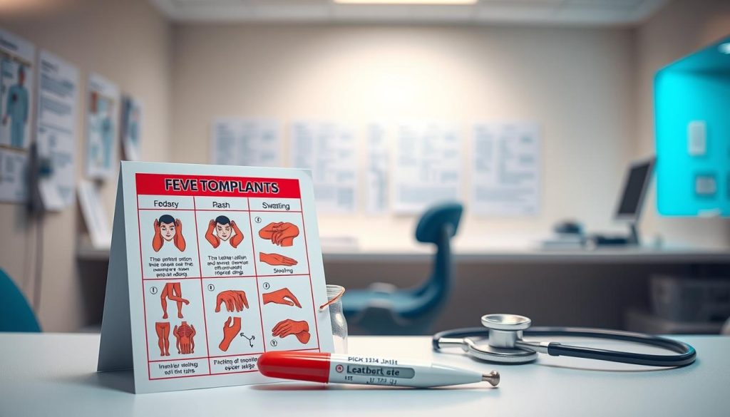 A clinical setting depicting fever symptoms due to infection, featuring a symptom chart with vivid illustrations of common signs like redness, rash, and sweating, placed prominently in the foreground. The middle layer showcases medical equipment such as a thermometer and a stethoscope, arranged neatly on a sterile examination table with soft lighting illuminating the scenario, creating an environment that feels informative yet calm. In the background, there are blurred outlines of medical charts and a silhouette of a doctor’s office, evoking a sense of professionalism and care. The overall mood is serious and clinical, emphasizing the importance of understanding health risks without the presence of any human figures. The image is designed to convey urgency and awareness in a safe and professional manner.