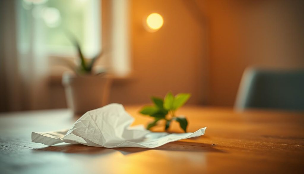 A delicate tissue resting on a wooden table, softly illuminated by warm, diffused natural light filtering through a nearby window. The foreground features a close-up of the crumpled texture of the tissue, showcasing its fragile fibers. In the middle ground, a blurred green plant adds a touch of nature, symbolizing rejuvenation. The background includes a softly blurred light that hints at a peaceful and calming environment, evoking a sense of tranquility. The overall atmosphere is serene and reflective, inviting the viewer to consider the importance of rest and self-care, as the tissue embodies signs of tenderness and the need to pause.