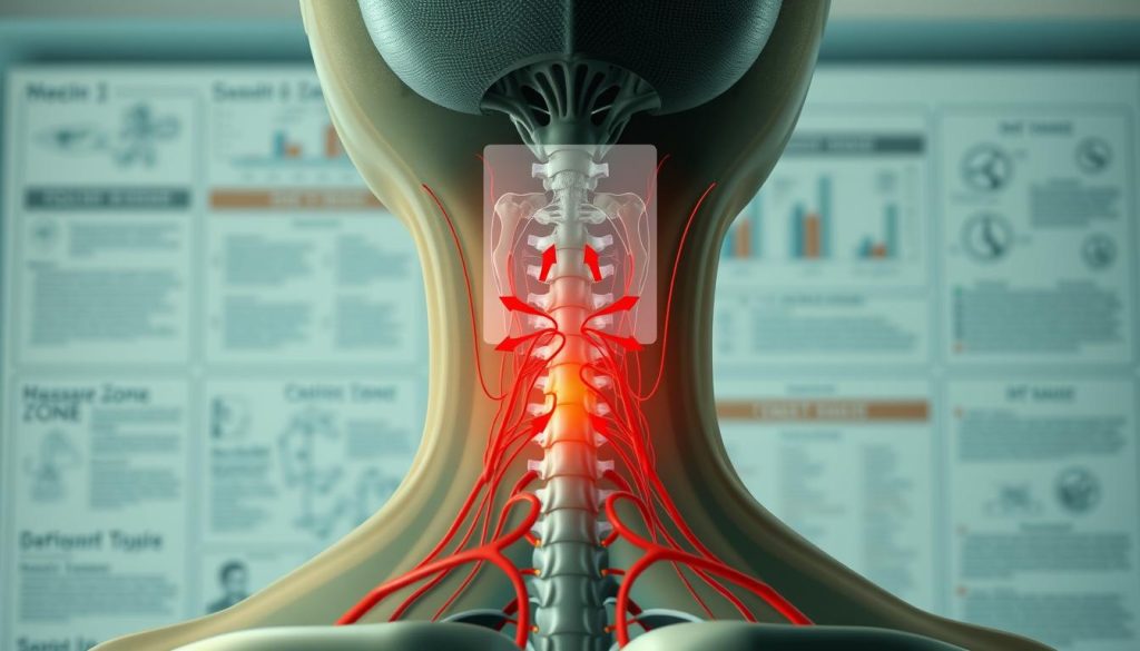 A detailed anatomical illustration focusing on the neck highlighting specific caution zones related to blood pressure massage. In the foreground, depict a stylized human neck with key areas labeled that should be avoided, such as the carotid arteries and nerve pathways. The middle layer can showcase a semi-transparent overlay of a massage technique diagram, with arrows indicating pressure points. In the background, softly blurred medical diagrams or charts add context without distraction. Use soft, natural lighting to illuminate the neck anatomy while maintaining a calm and professional mood. The overall atmosphere should be informative yet gentle, suitable for educational purposes and conveying a sense of caution and awareness.