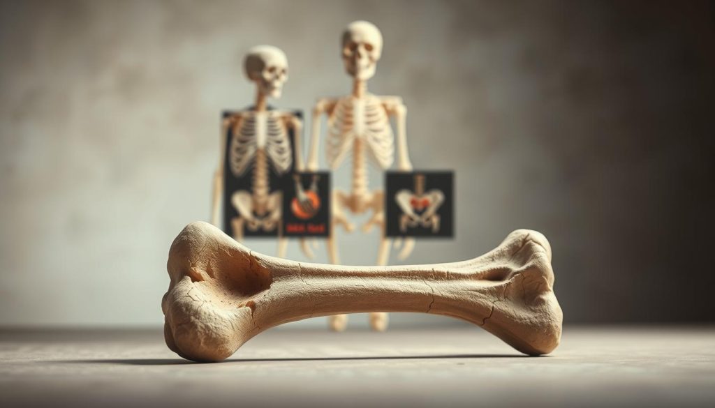 A highly detailed illustration of bone fragility conditions. In the foreground, showcase a large, cracked bone to symbolize fragility, surrounded by subtle shadowing to highlight its vulnerability. In the middle, incorporate images of a human skeleton, with emphasized areas such as the vertebrae and hip bones, illustrating where injuries might occur. The background should feature a soft gradient of muted colors, evoking a somber and serious atmosphere. Use directional lighting that casts gentle highlights on the bone structures, enhancing the texture and making them appear more realistic. A shallow depth of field can be applied to keep the focus on the fragile bones while gently blurring the background for a professional, medical illustration effect.