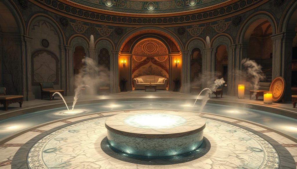 A luxurious hammam hot room featuring intricate marble tiles and stunning mosaic patterns. In the foreground, a glistening heated stone platform sits in the center, surrounded by ornate fountains gently cascading water. The middle ground includes soft, swirling steam filling the air, creating a dreamy atmosphere that envelops the entire space. Soft, ambient lighting casts a warm glow, enhancing the calming effect of the room. The background showcases arched openings leading to serene relaxation areas, adorned with plush cushions and fragrant candles. The scene emits a tranquil and inviting mood, perfect for unwinding after a traditional Turkish bath experience. A luxurious hammam hot room featuring intricate marble tiles and stunning mosaic patterns. In the foreground, a glistening heated stone platform sits in the center, surrounded by ornate fountains gently cascading water. The middle ground includes soft, swirling steam filling the air, creating a dreamy atmosphere that envelops the entire space. Soft, ambient lighting casts a warm glow, enhancing the calming effect of the room. The background showcases arched openings leading to serene relaxation areas, adorned with plush cushions and fragrant candles. The scene emits a tranquil and inviting mood, perfect for unwinding after a traditional Turkish bath experience.