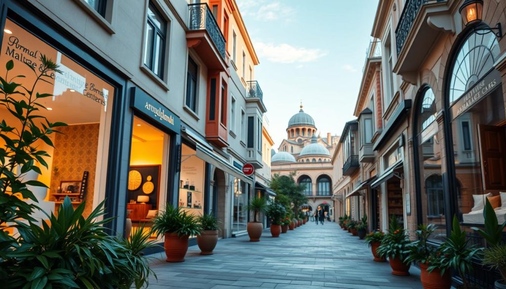 A picturesque street view of a charming Istanbul neighborhood center, showcasing boutique-style massage centers with elegant exteriors. In the foreground, lush green plants and vibrant flower pots line the sidewalk, inviting passersby. The middle ground features beautifully designed storefronts with soft, warm lighting reflecting off large glass windows displaying aromatherapy products and serene decor elements. In the background, traditional Istanbul architecture with decorative tiles and domes under a clear blue sky creates an authentic atmosphere. The scene is bathed in golden hour lighting, casting a peaceful glow and enhancing the inviting vibe of relaxation and wellness. The overall mood is tranquil and inviting, perfect for a neighborhood focused on holistic care. A picturesque street view of a charming Istanbul neighborhood center, showcasing boutique-style massage centers with elegant exteriors. In the foreground, lush green plants and vibrant flower pots line the sidewalk, inviting passersby. The middle ground features beautifully designed storefronts with soft, warm lighting reflecting off large glass windows displaying aromatherapy products and serene decor elements. In the background, traditional Istanbul architecture with decorative tiles and domes under a clear blue sky creates an authentic atmosphere. The scene is bathed in golden hour lighting, casting a peaceful glow and enhancing the inviting vibe of relaxation and wellness. The overall mood is tranquil and inviting, perfect for a neighborhood focused on holistic care.