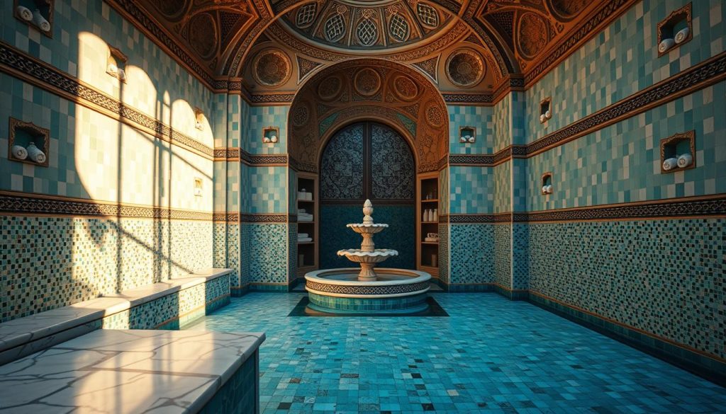 A serene and captivating hammam interior, showcasing intricate mosaic tiles in shades of turquoise and gold. The foreground features a beautifully adorned marble bench, while soft ambient lighting creates a tranquil atmosphere. In the middle, an ornate domed ceiling with delicate arches allows soft light to filter through, enhancing the soothing ambiance. Shelves lined with traditional bath products and plush towels are tastefully arranged. The background reveals a faint outline of an elegant water fountain, filling the space with the calming sound of flowing water. The overall mood is one of relaxation and comfort, inviting visitors to explore a rich cultural experience in a beautifully designed hammam. Soft shadows and gentle highlights emphasize the craftsmanship and serene environment. A serene and captivating hammam interior, showcasing intricate mosaic tiles in shades of turquoise and gold. The foreground features a beautifully adorned marble bench, while soft ambient lighting creates a tranquil atmosphere. In the middle, an ornate domed ceiling with delicate arches allows soft light to filter through, enhancing the soothing ambiance. Shelves lined with traditional bath products and plush towels are tastefully arranged. The background reveals a faint outline of an elegant water fountain, filling the space with the calming sound of flowing water. The overall mood is one of relaxation and comfort, inviting visitors to explore a rich cultural experience in a beautifully designed hammam. Soft shadows and gentle highlights emphasize the craftsmanship and serene environment.