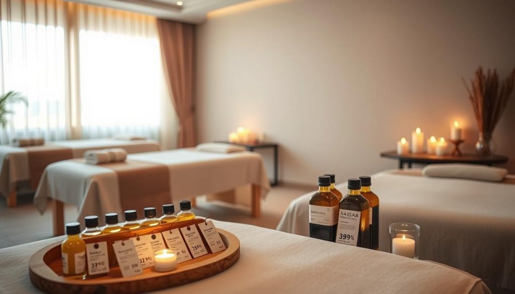 A serene and inviting massage studio in Istanbul, featuring a tranquil setting with plush massage tables adorned with soft, neutral-toned linens. The foreground shows a decorative wooden display featuring various massage oils and price tags artistically arranged. In the middle ground, a cozy ambiance is emphasized with soft, warm lighting and candles flickering gently on a side table. The background reveals a large window with sheer curtains, allowing natural light to filter through, casting a soothing glow over the room. The atmosphere exudes relaxation and luxury, perfect for understanding the nuances of massage pricing. The overall color palette is soft and harmonious, creating a peaceful and inviting environment.