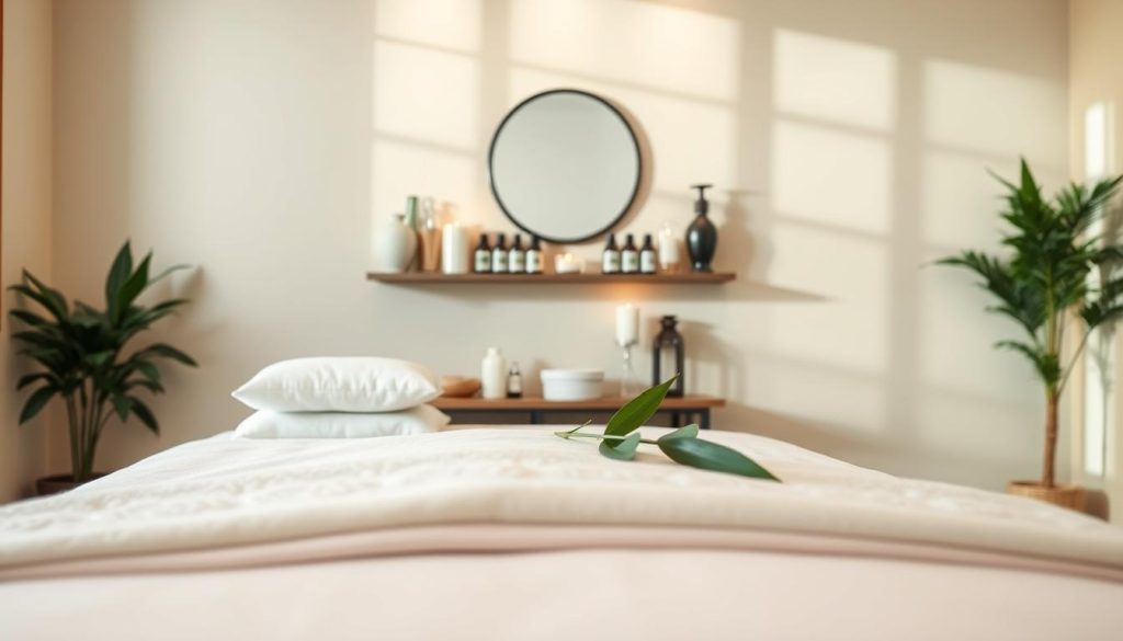 A serene and inviting setting showcasing a peaceful massage therapy room. In the foreground, a beautifully arranged massage table with soft, clean linens and cozy pillows. In the middle, an elegant shelf displays various soothing essential oils and calming candles, with a lush plant adding a touch of nature. The background features softly lit walls painted in warm, inviting colors, with a large window allowing gentle natural light to filter in, casting soft shadows. The atmosphere exudes tranquility and well-being, ideal for finding the perfect therapist. The overall composition emphasizes relaxation and self-care, ideal for illustrating the theme of personalized therapy experiences.