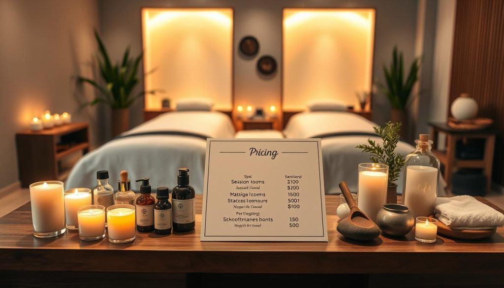 A serene and inviting spa environment showcasing a display of various aromatherapy oils, candles, and massage tools arranged neatly on a wooden table. In the middle ground, a beautifully designed pricing board is elegantly presented, featuring session lengths and pricing, depicted with subtle graphics. The background reveals softly lit massage rooms decorated with natural elements like plants and stones, creating a tranquil atmosphere. Gentle, warm lighting casts a soft glow throughout the scene, enhancing the feeling of relaxation and comfort. The overall mood is calming and luxurious, perfect for a high-end massage experience. The scene is captured from a slightly elevated angle, allowing viewers to appreciate the details of the setup and the inviting ambiance of the spa.