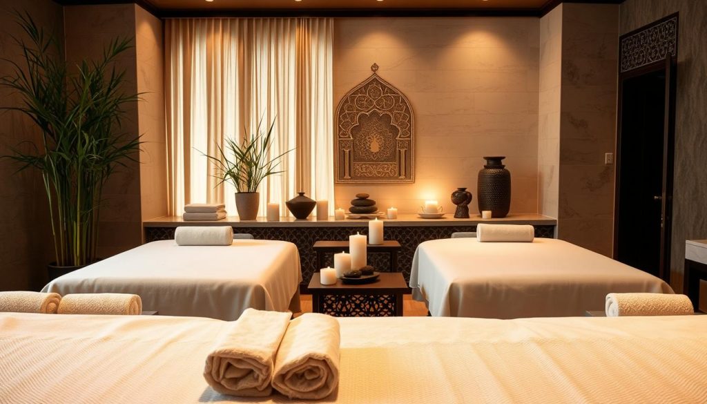A serene and inviting spa environment showcasing various massage options. In the foreground, there are beautifully arranged treatment tables with soft, plush linens and neatly folded towels. In the middle, display elegant decor elements such as bamboo plants, scented candles, and decorative stones that enhance the tranquil atmosphere. In the background, a softly lit room with traditional Turkish motifs and intricate tile patterns creates an authentic ambiance. The lighting is warm and calming, casting gentle shadows that add depth. The overall mood should evoke relaxation and comfort, inviting the viewer to explore the rich heritage of massage treatments available today.