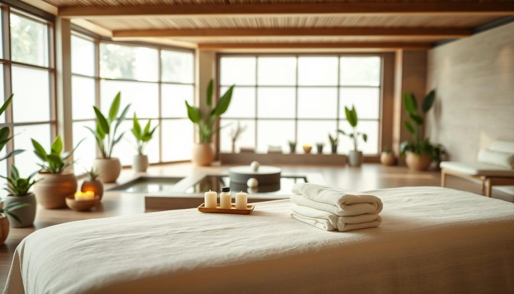 A serene and inviting wellness venue set in a tranquil environment. In the foreground, an elegant massage table adorned with soft towels and serene decor items like candles and essential oils. The middle ground features a neatly arranged spa area with lush indoor plants, calming water features, and soothing textures. In the background, large windows allow natural light to filter in, creating a warm, relaxing ambiance. The scene is enhanced by soft, diffused lighting that highlights the peaceful atmosphere, inviting guests to unwind. The color palette should consist of earthy tones, greens, and soft pastels, evoking a sense of calm and wellness. The overall mood is one of rejuvenation and tranquility, perfect for a massage and spa context. A serene and inviting wellness venue set in a tranquil environment. In the foreground, an elegant massage table adorned with soft towels and serene decor items like candles and essential oils. The middle ground features a neatly arranged spa area with lush indoor plants, calming water features, and soothing textures. In the background, large windows allow natural light to filter in, creating a warm, relaxing ambiance. The scene is enhanced by soft, diffused lighting that highlights the peaceful atmosphere, inviting guests to unwind. The color palette should consist of earthy tones, greens, and soft pastels, evoking a sense of calm and wellness. The overall mood is one of rejuvenation and tranquility, perfect for a massage and spa context.