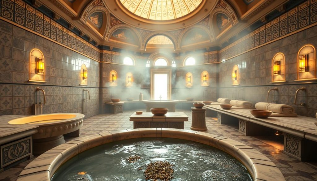 A serene and luxurious hammam interior, showcasing intricate tile work and soft, ambient lighting illuminating the marble fountains. In the foreground, a beautifully crafted basin filled with steaming water, adorned with aromatic herbs and essential oils. The middle ground features elegantly carved stone benches lined with plush towels and traditional copper bowls, inviting relaxation. The background reveals high ceilings with ornate domes and gentle light filtering through frosted glass, creating a tranquil atmosphere. The setting conveys a sense of historical richness, echoing the ancient Turkish rituals, while soft steam rises, enhancing the mood of warmth and rejuvenation. A sense of calm prevails, emphasizing the cultural roots of the hammam experience, inspired by Hürrem Sultan’s era.
