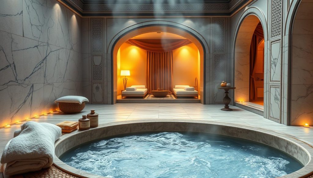 A serene and luxurious hammam scene, featuring an elegant marble interior with intricate mosaics and ambient lighting. In the foreground, a large, ornate basin filled with steaming water, surrounded by thick, fluffy towels and natural spa products like olive oil soap and loofahs. In the middle, a softly lit heated stone platform invites relaxation, with gentle water droplets glistening in the golden light. The background showcases beautifully arched doorways leading to intimate relaxation rooms draped in rich fabric. The atmosphere radiates calm and tranquility, with delicate aromatic steam rising and soft shadows dancing across the space, evoking a sense of indulgence and rejuvenation.