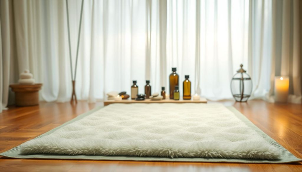 A serene and tranquil scene depicting the art of shiatsu massage, focusing on a gently lit indoor setting. In the foreground, an elegant, plush mat is laid out on a warm wooden floor, symbolizing a comfortable space for relaxation. The middle section features an assortment of smooth stones, essential oils, and candles, arranged aesthetically to evoke a calming atmosphere. In the background, soft light filters through sheer drapes, creating a warm, inviting glow. The overall mood is peaceful and harmonious, encouraging relaxation and wellness, with shades of soft greens and earthy tones dominating the palette. No human figures are present, emphasizing the serene environment of a professional massage studio.