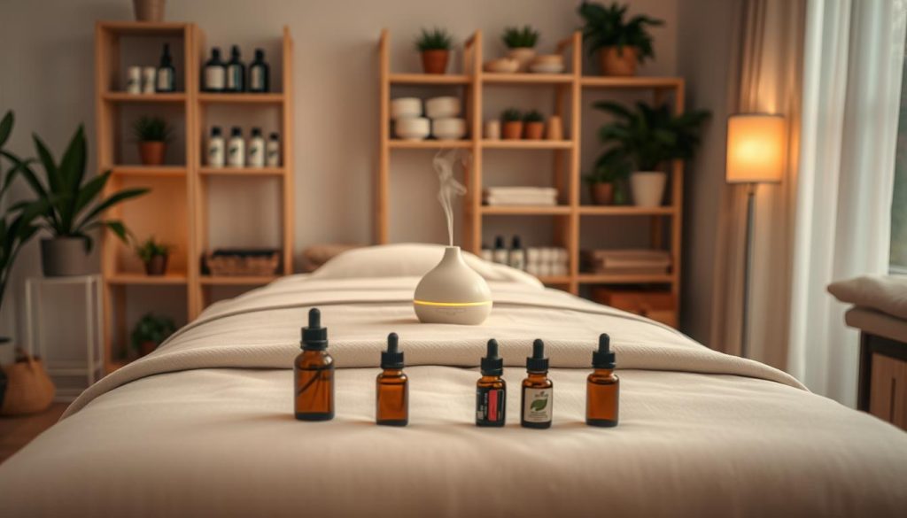 A serene aromatherapy massage setting in a softly lit room. Foreground features a beautifully arranged massage table draped with a light, calming linen sheet, adorned with an assortment of essential oil bottles in elegant glass containers. In the middle, a lit diffuser emits gentle wisps of fragrant vapor, creating a tranquil atmosphere. The background includes shelves with neatly organized wellness products, potted plants, and soft fabrics, enhancing the feeling of relaxation. The lighting is warm and inviting, with soft shadows that create depth. Overall, the scene conveys a peaceful and rejuvenating mood, free from human presence, focusing solely on the essence of relaxation and stress relief through aromatherapy.