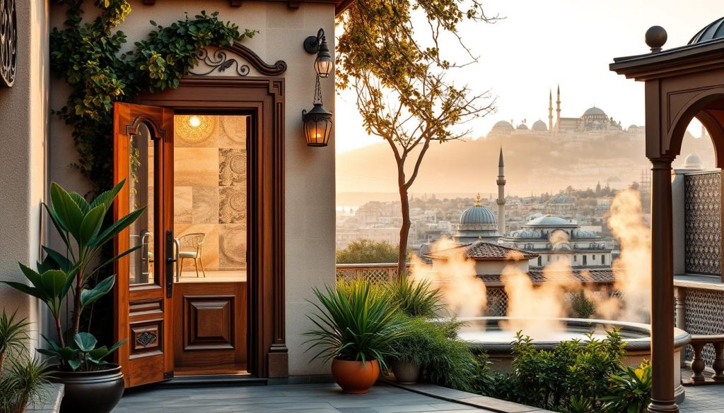 A serene composition showcasing the top neighborhoods in Istanbul renowned for their spas and hammams. In the foreground, a tranquil spa entrance with beautifully designed wooden doors, surrounded by lush plants and soothing water features. The middle layer features traditional hammams, their intricate tile work and gentle steam rising in the air, evoking a sense of relaxation. The background displays a picturesque skyline of Istanbul, capturing iconic landmarks like domes and minarets, bathed in warm, golden sunset light. The atmosphere is inviting and calming, enhanced by soft, diffused lighting that highlights the textures and colors. Aim for a wide-angle view to encompass the inviting charm of these hidden gems without any human figures or text elements.