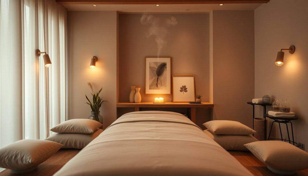 A serene interior of a massage room, designed for relaxation and comfort. The foreground features a neatly made massage table with soft, neutral linens, surrounded by plush cushions. The middle layer includes gentle lighting from overhead fixtures that cast a warm glow, enhancing the calming atmosphere. Aromatherapy diffusers release a soft mist of essential oils, contributing to the tranquility. In the background, there's a softly painted wall adorned with minimalist art, and a small shelf filled with rolled towels and calming herbal teas. The overall mood is peaceful and inviting, encouraging a sense of safety and privacy in an intimate space designed for relaxation. A serene interior of a massage room, designed for relaxation and comfort. The foreground features a neatly made massage table with soft, neutral linens, surrounded by plush cushions. The middle layer includes gentle lighting from overhead fixtures that cast a warm glow, enhancing the calming atmosphere. Aromatherapy diffusers release a soft mist of essential oils, contributing to the tranquility. In the background, there's a softly painted wall adorned with minimalist art, and a small shelf filled with rolled towels and calming herbal teas. The overall mood is peaceful and inviting, encouraging a sense of safety and privacy in an intimate space designed for relaxation.