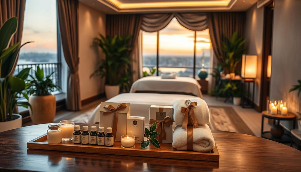 A serene, luxurious spa setting designed for a VIP massage experience in Istanbul. In the foreground, a beautifully arranged selection of packages displayed on an elegant wooden table, featuring decorative elements like essential oils, scented candles, and plush towels. In the middle ground, a lavish massage room adorned with rich fabrics, lush greenery, and soft ambient lighting to create a tranquil atmosphere. The background reveals a softly illuminated window showing a glimpse of Istanbul's skyline at sunset, adding a sense of exclusivity and peace. The overall mood is calming and inviting, with warm hues enhancing the luxurious feel of the space. The composition is shot from a slightly elevated angle, capturing the opulence and privacy of the environment.