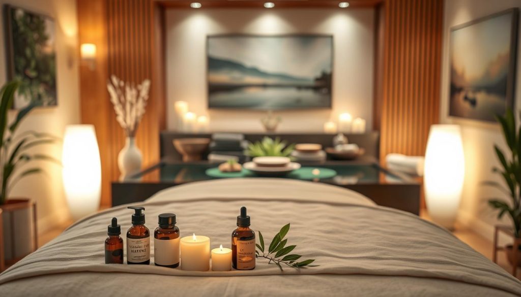 A serene massage therapy room designed for relaxation, featuring a neatly arranged massage table draped with soft, calming linens. In the foreground, a selection of essential oils and soothing candles, creating a tranquil atmosphere. The middle ground showcases a tranquil water feature infused with gentle greenery, enhancing the peaceful ambiance. In the background, soft, warm lighting from strategically placed lamps bathes the space, highlighting the natural wooden accents of the room. The walls are adorned with calming artwork, depicting nature scenes that evoke tranquility. Overall mood: peaceful and inviting, ideal for relaxation and wellness. The composition should evoke a sense of professionalism and calm without the presence of any human figures. A serene massage therapy room designed for relaxation, featuring a neatly arranged massage table draped with soft, calming linens. In the foreground, a selection of essential oils and soothing candles, creating a tranquil atmosphere. The middle ground showcases a tranquil water feature infused with gentle greenery, enhancing the peaceful ambiance. In the background, soft, warm lighting from strategically placed lamps bathes the space, highlighting the natural wooden accents of the room. The walls are adorned with calming artwork, depicting nature scenes that evoke tranquility. Overall mood: peaceful and inviting, ideal for relaxation and wellness. The composition should evoke a sense of professionalism and calm without the presence of any human figures.