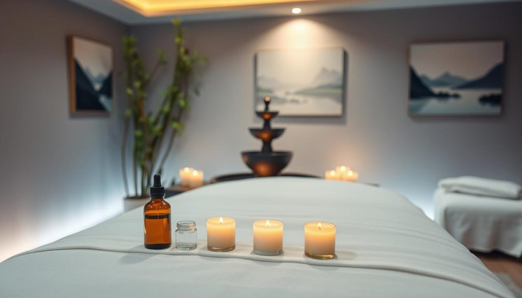 A serene massage therapy room with soft, ambient lighting casting a warm glow. In the foreground, a professionally arranged massage table covered with a luxurious white sheet, adorned with calming essential oil bottles and fresh, soothing candles. In the middle ground, a peaceful atmosphere enhanced by delicate bamboo plants and a softly flowing water fountain, contributing to a sense of tranquility. The background features serene artwork depicting natural landscapes on the walls. The scene conveys relaxation and rejuvenation, making it an ideal representation of the therapy experience. The overall mood is calming and inviting, inviting viewers to imagine the benefits of a massage for relaxation and recovery.