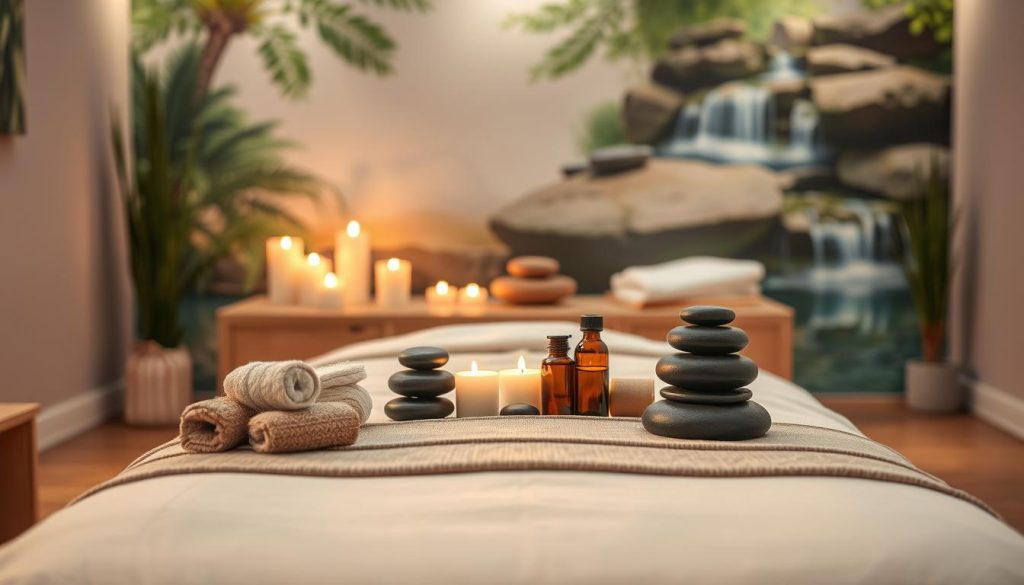 A serene spa environment featuring a massage table set up with soft linens and calming aromatherapy candles, positioned in the foreground. In the middle, various massage tools like stones, rollers, and essential oils are artfully arranged, showcasing popular techniques for relaxation, such as Swedish, deep tissue, and hot stone massage. The background reveals a tranquil setting with soft ambient lighting, gentle greenery, and a calming waterfall mural, enhancing the peaceful atmosphere. The scene captures a sense of wellness and tranquility, inviting viewers to explore the benefits of daily massage. The image should evoke feelings of relaxation and rejuvenation, presented in high resolution with warm tones and soft focus effects for a soothing impression.