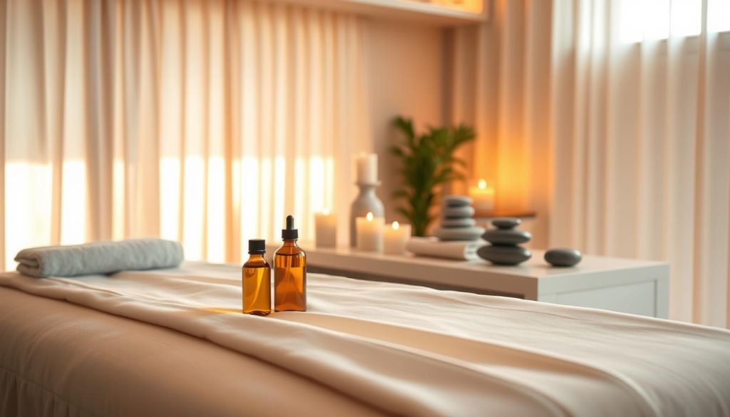A serene spa environment featuring a tranquil massage room with calming colors. In the foreground, a plush massage table adorned with soft, flowing linens and essential oils in elegant bottles, emitting a subtle glow. The middle layer showcases a beautifully arranged display of smooth stones, candles, and a plant for a touch of nature. In the background, a soft, ambient light filters through sheer curtains, creating an inviting and peaceful atmosphere. The overall mood conveys relaxation and rejuvenation, emphasizing the various benefits of daily massages. The lighting is warm, enhancing the sense of calmness and wellness. The image captures the essence of tranquility and self-care, inviting viewers to imagine the soothing experience of a daily massage.