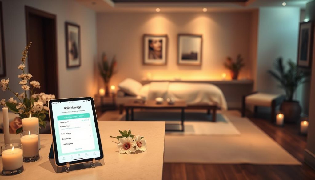 A serene spa setting for booking a massage, featuring a beautifully arranged reception area. In the foreground, a neatly organized reception desk with a soft, inviting color scheme. A well-designed tablet stands on the desk, displaying a user-friendly massage booking app interface. Fresh flowers and calming aromatherapy candles on the side create a tranquil atmosphere. In the middle, a cozy seating area with plush cushions and a small coffee table, where clients can relax while waiting. The background showcases a softly lit massage room with warm lighting, calming artwork on the walls, and soft linens. The mood is peaceful and inviting, with gentle ambient light accentuating the soothing decor, evoking a sense of relaxation and professionalism in the massage experience.