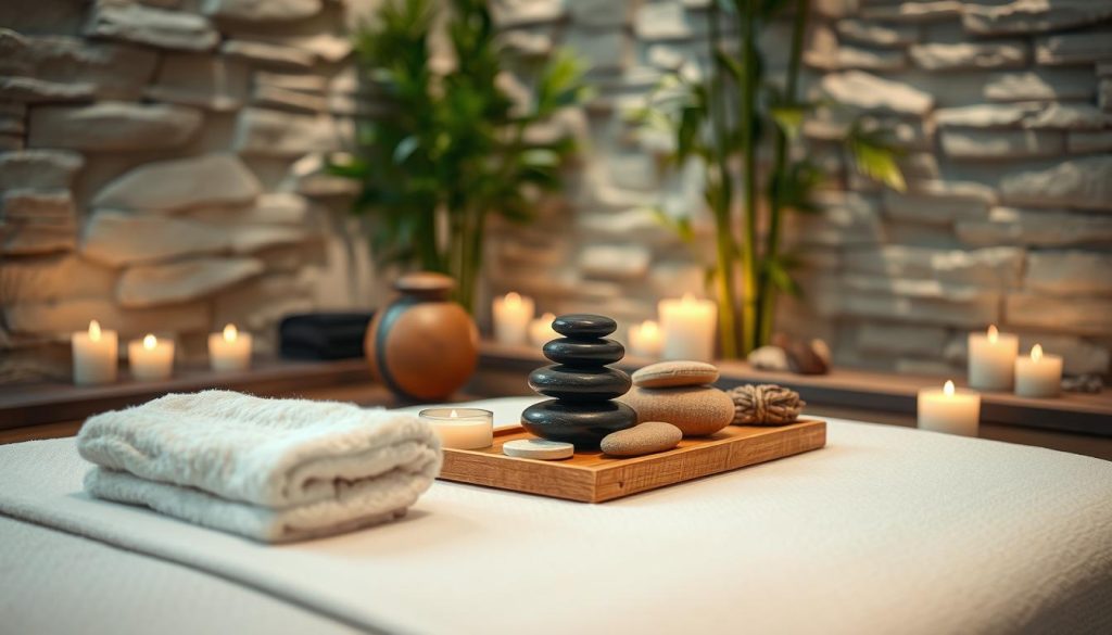 A serene spa setting showcasing various massage types in Istanbul. In the foreground, a luxurious massage table with soft, fluffy towels and aromatic candles. The middle layer features a calming oil diffuser and an elegant arrangement of traditional massage tools like stones and herbal compresses. In the background, a peaceful environment with soft lighting, bamboo plants, and a textured wall resembling natural stone. The atmosphere is tranquil and inviting, hinting at relaxation and rejuvenation. Soft, diffused lighting enhances the serene mood, while a warm color palette of earthy tones adds to the overall calming effect. The composition emphasizes the essence of holistic wellness and massage therapy without any human presence or text elements.