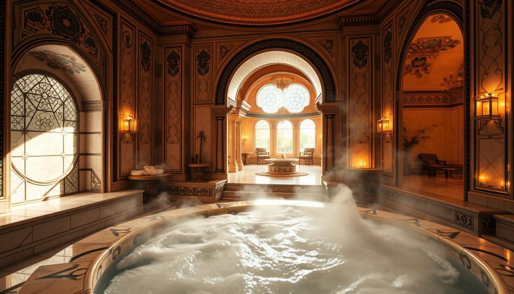 A serene traditional Turkish hammam scene, showcasing intricate marble interiors adorned with geometric patterns and warm, ambient lighting. In the foreground, a beautifully designed basin filled with swirling steam, revealing intricate tiles beneath. The middle ground features ornate archways leading to spacious, inviting rooms with soothing decor, highlighting the cultural richness of the hammam experience. The background exudes a tranquil atmosphere with soft shadows and flickering candlelight enhancing the calming vibe of the space. The entire setting captures a sense of relaxation and luxury, with gentle light filtering through stained glass, creating a harmonious blend of warm tones and textures that evoke traditional Turkish culture. No humans are depicted in the image. A serene traditional Turkish hammam scene, showcasing intricate marble interiors adorned with geometric patterns and warm, ambient lighting. In the foreground, a beautifully designed basin filled with swirling steam, revealing intricate tiles beneath. The middle ground features ornate archways leading to spacious, inviting rooms with soothing decor, highlighting the cultural richness of the hammam experience. The background exudes a tranquil atmosphere with soft shadows and flickering candlelight enhancing the calming vibe of the space. The entire setting captures a sense of relaxation and luxury, with gentle light filtering through stained glass, creating a harmonious blend of warm tones and textures that evoke traditional Turkish culture. No humans are depicted in the image.