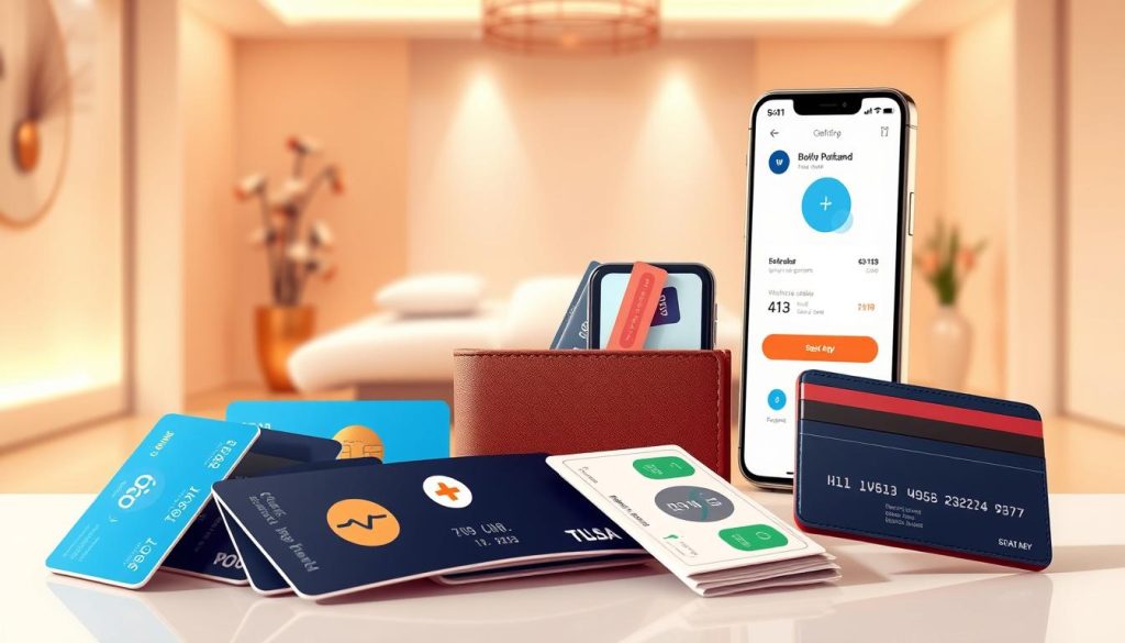 A visually engaging illustration of various payment methods, featuring a modern, well-organized layout. In the foreground, display an array of payment options such as credit cards, mobile payment apps represented by logos, and cash in a neat stack. In the middle ground, show a stylish, minimalistic wallet with cards peeking out, alongside a smartphone displaying a payment app interface. The background should feature an elegant massage studio setting with soft lighting, creating a calming atmosphere that highlights relaxation. Use a warm color palette with soft shadows to evoke comfort and accessibility. The image should capture the essence of convenient payment methods without any human figures or text overlays. A visually engaging illustration of various payment methods, featuring a modern, well-organized layout. In the foreground, display an array of payment options such as credit cards, mobile payment apps represented by logos, and cash in a neat stack. In the middle ground, show a stylish, minimalistic wallet with cards peeking out, alongside a smartphone displaying a payment app interface. The background should feature an elegant massage studio setting with soft lighting, creating a calming atmosphere that highlights relaxation. Use a warm color palette with soft shadows to evoke comfort and accessibility. The image should capture the essence of convenient payment methods without any human figures or text overlays.