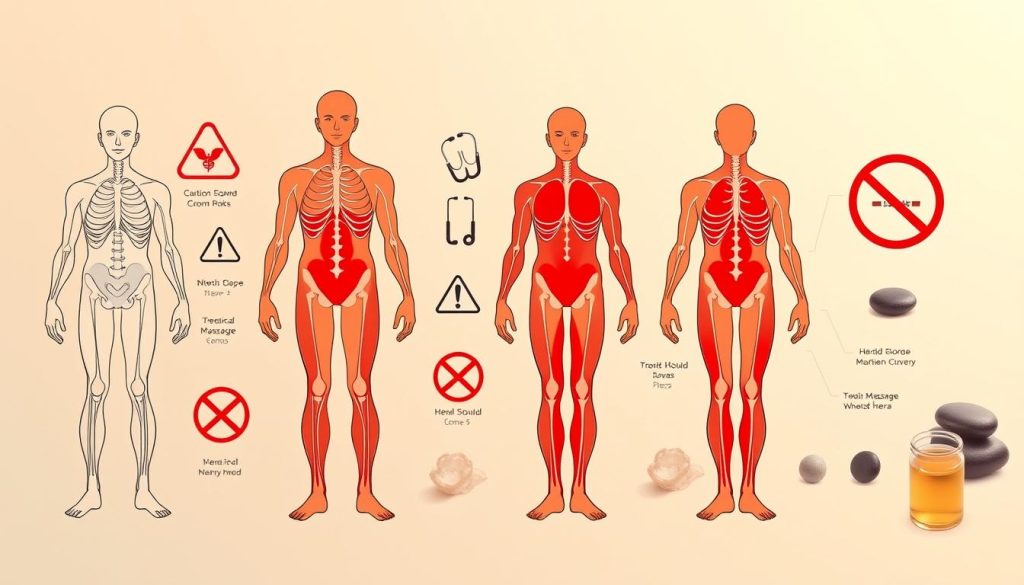 A visually striking infographic-style illustration depicting the concept of "contraindications" in a massage context. The foreground features a set of anatomical diagrams of the human body, highlighting areas that should not be massaged, with clear demarcations in red. The middle ground showcases medical symbols, such as caution signs and stethoscopes, interspersed around the anatomical diagrams to reinforce the health risks theme. The background is a soft, gradient color to create a calming atmosphere, with subtle images of therapeutic elements like massage stones and oils, placed gently to avoid distraction. The overall lighting is bright but soothing, enhancing clarity while maintaining a professional feel. The composition is balanced, ensuring that no part of the image feels overcrowded.