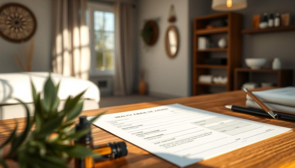 A close-up view of a neatly organized health intake form on a wooden desk, featuring clean lines and structured sections for personal information, medical history, and consent. The form is predominantly white with light blue and grey accents, suggesting professionalism and calmness. The background includes a softly blurred massage therapy clinic with warm, inviting lighting, highlighting a tranquil atmosphere. Natural light streams through a nearby window, casting gentle shadows on the desk. In the foreground, a decorative plant adds a touch of serenity, while essential oils and massage tools are subtly visible, enhancing the holistic feel. The overall mood conveys readiness and comfort for first-time massage recipients.
