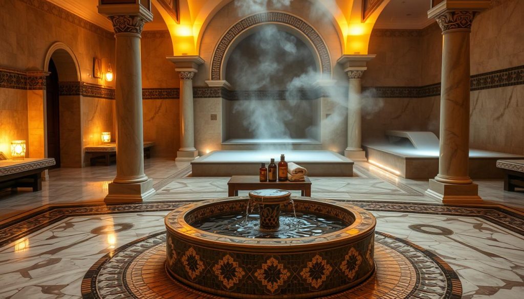 A serene Turkish bath (hamam) interior, featuring intricately designed marble flooring and soft, diffused golden lighting illuminating the room. In the foreground, a beautifully crafted mosaic fountain with gently flowing water provides a focal point, surrounded by plush towels and aromatherapy oils neatly arranged on a small wooden table. In the middle background, you can see steam rising from heated surfaces, creating a sense of warmth and relaxation. Delicate arches and tiled columns frame the space, enhancing the traditional architecture. Subtle reflections from polished surfaces give a luxurious touch. The atmosphere is tranquil and inviting, embodying a traditional spa experience without any human figures, ensuring a respectful and artistic representation of the Turkish bath concept.