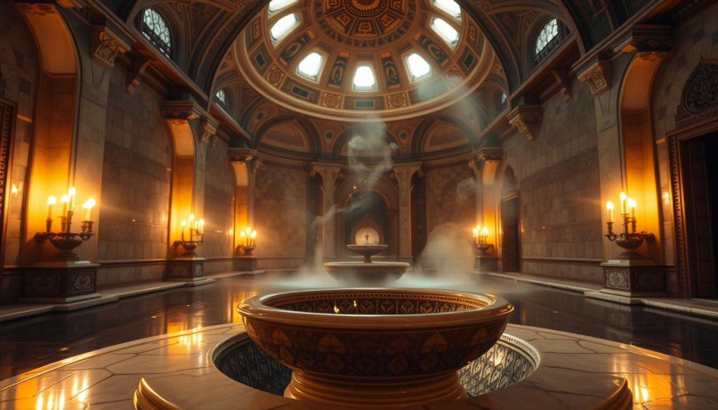 A serene and authentic Turkish bath, showcasing intricate architectural details. In the foreground, a beautifully patterned marble basin adorned with traditional ceramics, surrounded by soft, flickering candlelight casting warm reflections on the surfaces. The middle layer features a stunning domed ceiling with ornate designs and glowing skylights, creating a tranquil atmosphere. The background reveals steam rising gently in the air, hinting at a relaxing ambiance. The lighting is soft and warm, enhancing the inviting environment of the hammam. The overall mood is peaceful and rejuvenating, capturing the essence of a traditional Turkish bath experience, inviting viewers to appreciate its rich cultural heritage.