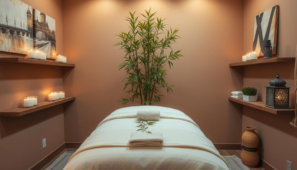 A serene and inviting massage therapy room set in Taksim, Beyoğlu, featuring a cozy massage table adorned with soft white linens and aromatic candles glowing softly on surrounding shelves. The walls are painted in warm earthy tones, with abstract art reflecting the cultural essence of Istanbul. In the center, an elegant bamboo plant adds a touch of nature. Soft, diffused lighting creates a calming atmosphere, reminiscent of a peaceful spa retreat. The room is adorned with traditional Turkish decor, like ornate lanterns and woven textiles, subtly hinting at the rich history of the area. The composition captures the essence of relaxation and tranquility, perfect for showcasing top massage spots in Taksim and Beyoğlu.