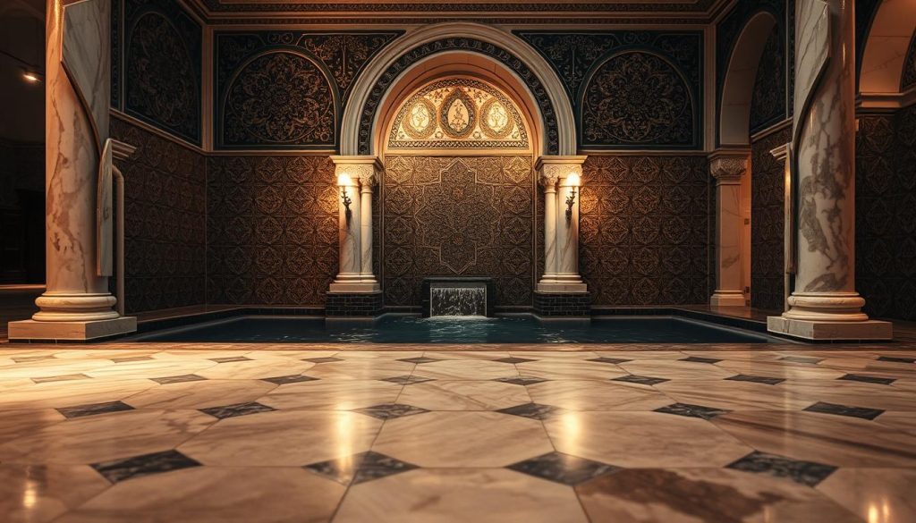 A serene and tranquil scene showcasing the hidden hammam in Üsküdar, Istanbul. In the foreground, intricately designed marble stone patterns glisten under soft, warm lighting, inviting viewers into the space. The middle ground features ornate arches and a gently flowing water feature, reflecting the soft illumination. In the background, traditional tile work in rich, earthy colors adorns the walls, enhancing the authentic atmosphere of the hammam. The mood captures a sense of calm and intimacy, perfect for relaxation. The overall composition is shot with a wide-angle lens, emphasizing the charming details and inviting ambience, while ensuring the focus remains on the architectural beauty and peaceful aura of this hidden gem.