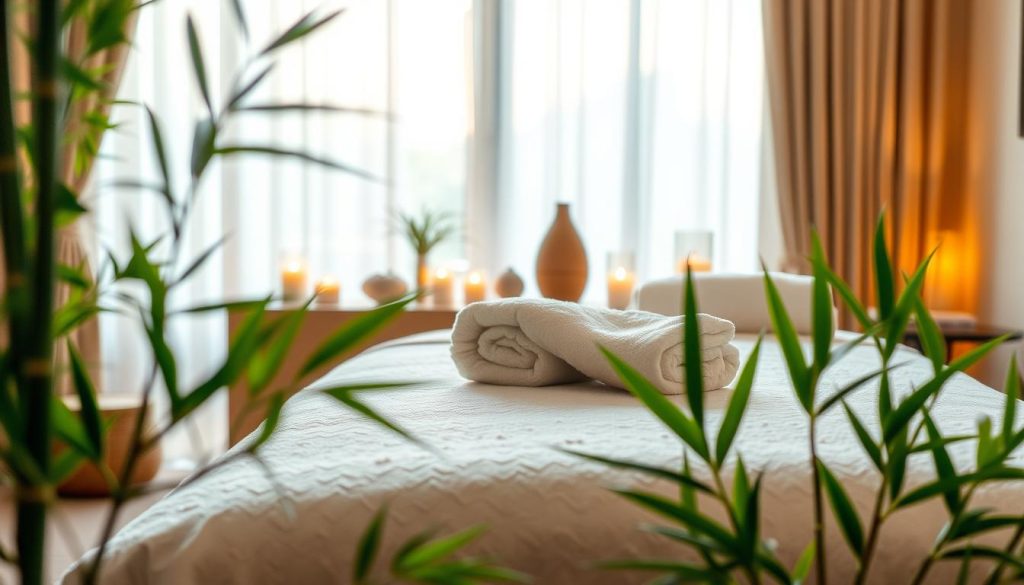 A serene home massage setting featuring a beautifully arranged massage table adorned with soft, fluffy towels. In the foreground, gentle bamboo plants provide a touch of nature. The middle of the composition showcases a calming atmosphere with ambient lighting, candlelight flickering softly, and essential oil diffusers emitting a soothing mist. The background includes soft drapes and a muted color palette, suggesting relaxation and tranquility. Warm, natural lighting filters through the window, casting a peaceful glow throughout the room. The overall mood is one of serenity and comfort, emphasizing the blissful experience of receiving a massage at home.