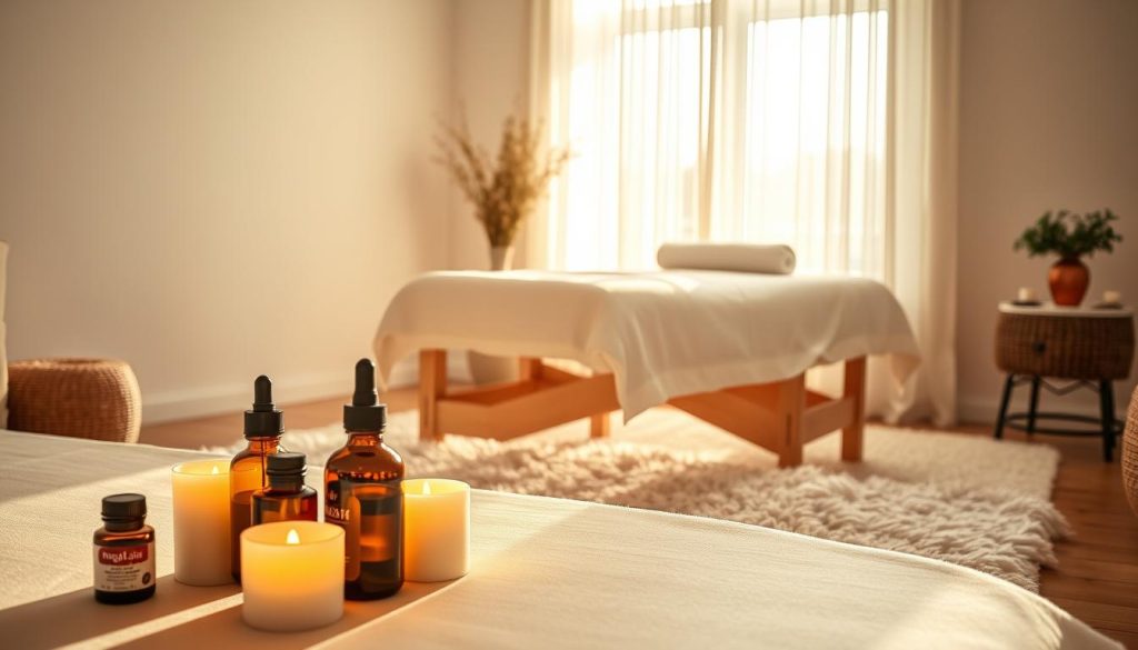 A serene home massage setting in Istanbul, featuring an elegantly arranged massage table with luxurious linens in a cozy, softly lit room. The foreground showcases essential oils and soothing candles, creating a calming atmosphere. In the middle, a plush rug surrounds the massage table, inviting relaxation, while gentle shadows enhance the warm tones of the décor. The background reveals a glimpse of a peaceful window with sheer curtains, allowing natural light to filter in, adding to the tranquil ambiance. Soft, calming colors dominate the scene, invoking a sense of peace and comfort, embodying the essence of a private at-home massage experience in an urban Istanbul environment.