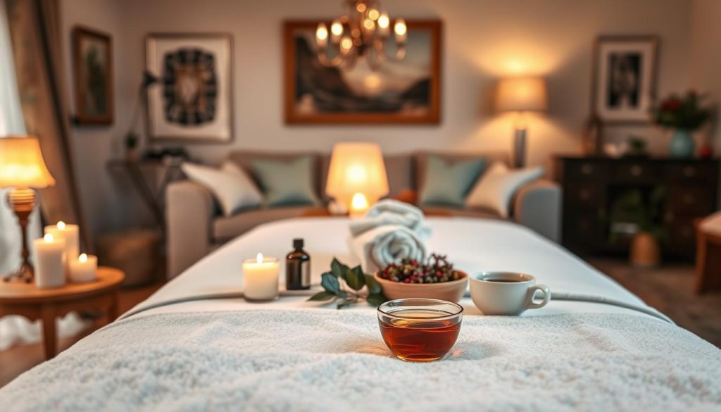 A serene home spa setup for a massage session, showcasing a beautifully arranged massage table with soft, fluffy linens, surrounded by soothing elements like scented candles and essential oils. The foreground features plush towels and a calming decorative plant. In the middle, there is a warm light emanating from an elegant lamp, creating a cozy atmosphere, while a cup of herbal tea rests beside the table. The background displays a softly lit living room with tasteful decor, providing a sense of tranquility. The overall mood conveys relaxation and rejuvenation, emphasizing a private, comfortable space for a massage experience. The lighting is soft, highlighting the inviting textures and colors of the environment.